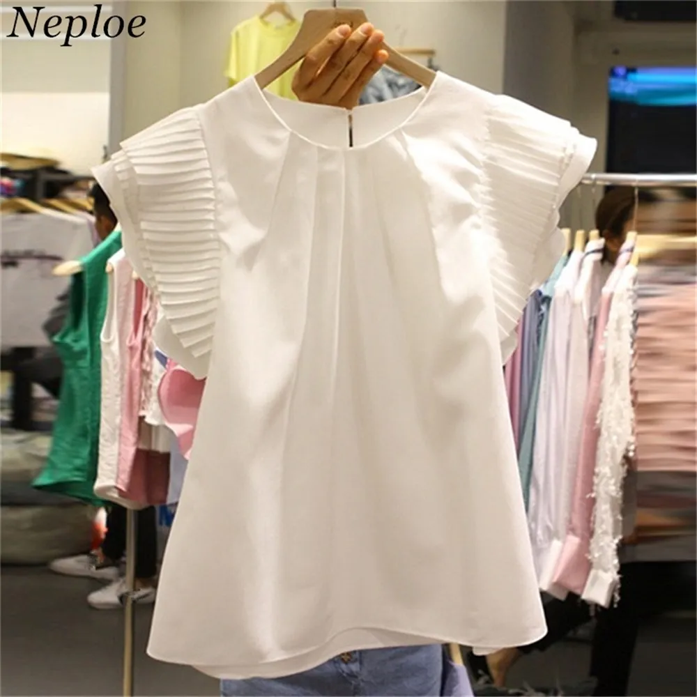 Neploe Solide Blanc Noir Femmes Blouse O-cou À Manches Courtes Blusas Plissé Femme Tops Coréen Fahion Lâche Chemises Occasionnelles LJ200813