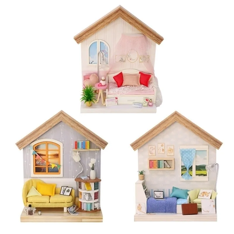 Mini casa de muñecas miniaturas sala de estar diy casa de muñecas libros kit en miniatura casa de madera para niños muebles maison de poupee LJ200909