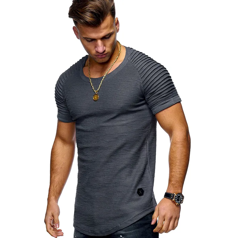 T-Shirt Männer High Street Solid Color Herren Männer Kurzarm Streifen Falten Slim Fit Hipster Casual T-Shirt Mann Y201118