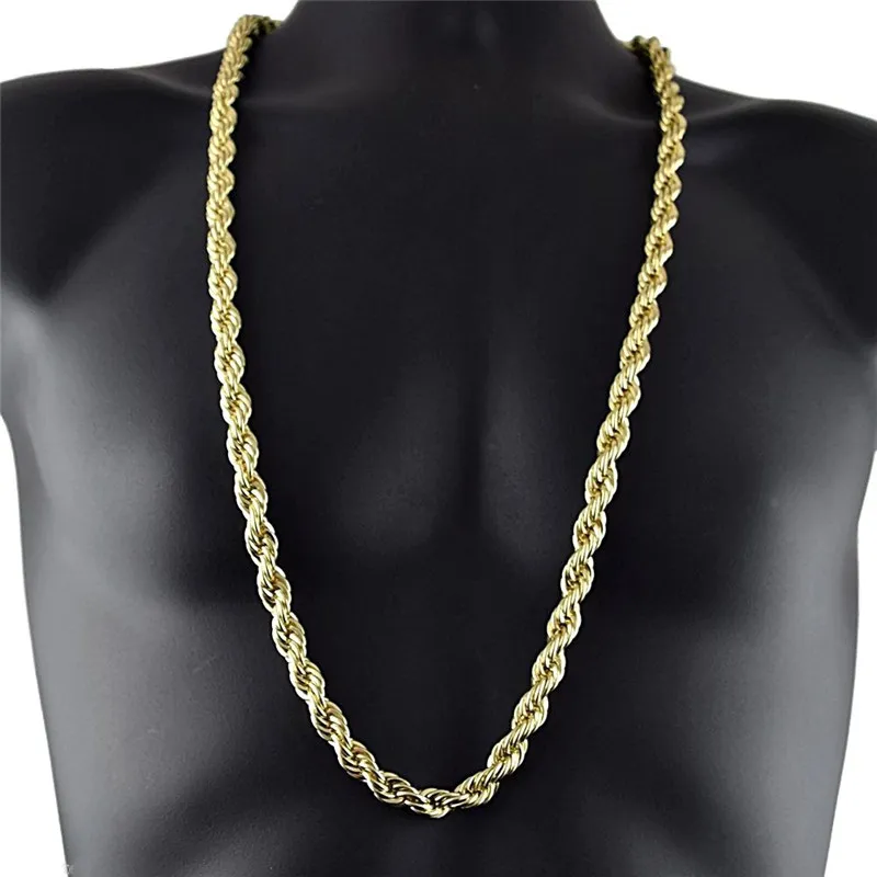 10 mm d'épaisseur 90 cm de long corde torsadée chaîne plaqué or 24 carats hip hop torsadé lourd collier pour homme