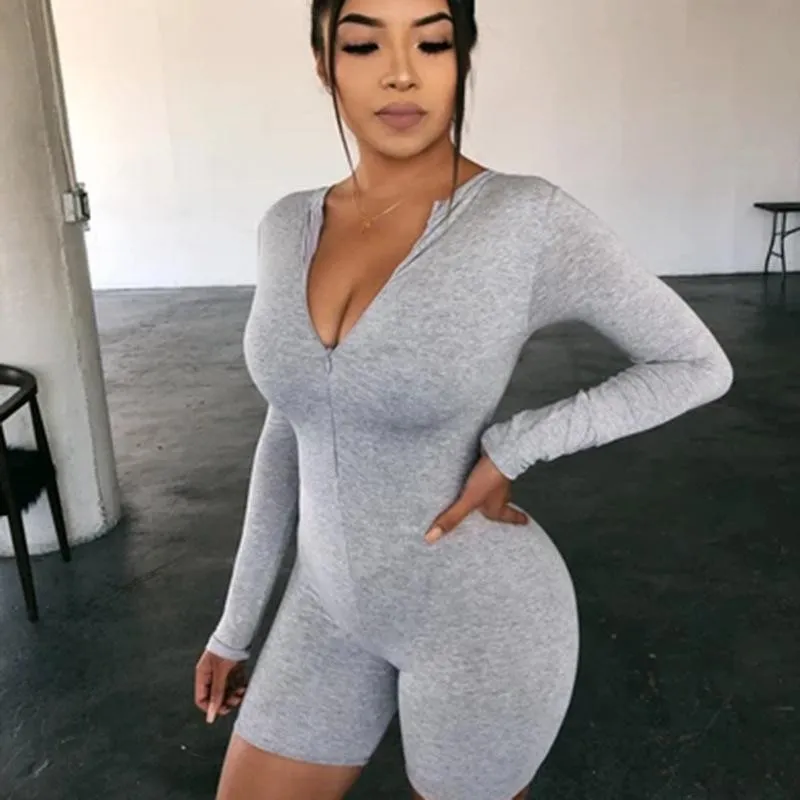 Sexy Deep V Neck Long Sleeve Rompers Seamless Jumpsuit With Front Zipper  Slim Fit Bodycon Homewear Shorts For Women T200527 From Xue04, $12.82