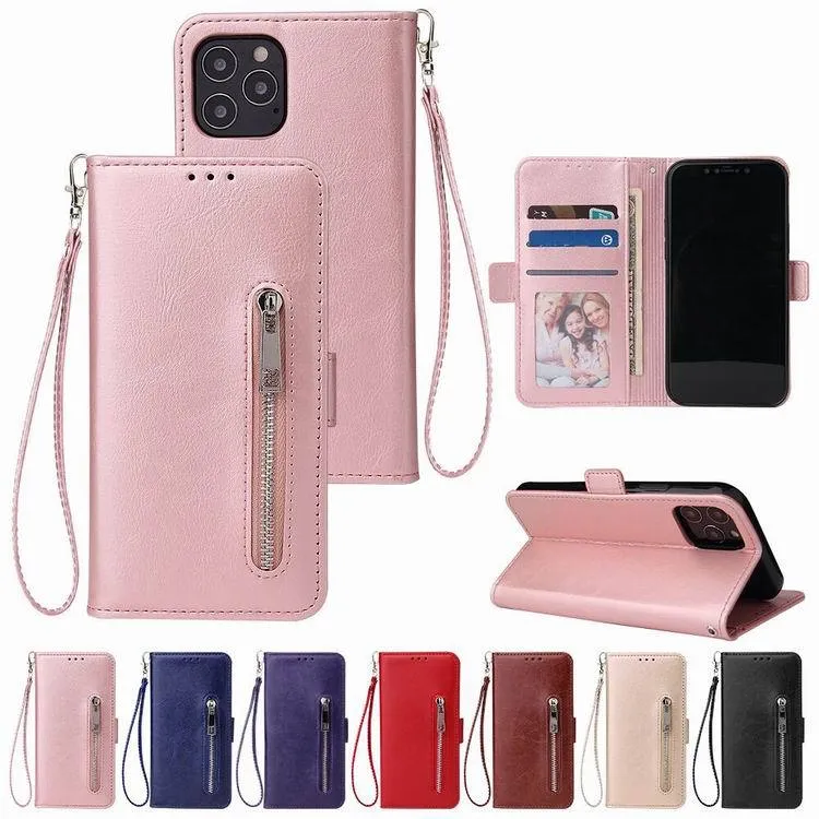 Nueva funda de teléfono con billetera de cuero con tapa y cremallera lisa a la moda para iphone 12 11 pro max x xr xs max 6 7 8 plus