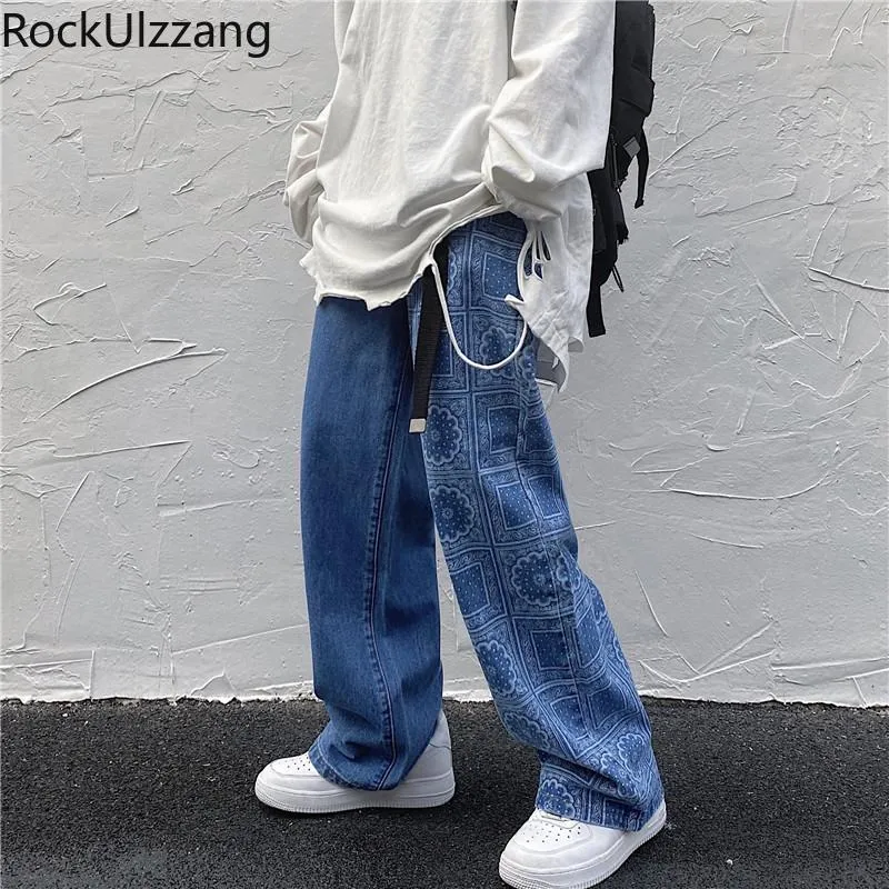 Свободные прямые бандана с узором пейсли, лоскутные джинсовые брюки, джинсы, брюки, модная мешковатая японская уличная одежда, хип-хоп, мытый синий, черный1247F