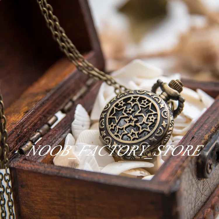 New Quartz Vintage Small Lucky Star Pocket Watch Necklace Jewelry Wholesale Sweater Chain Fashion Watch Pocket Watch Copper Color Steel Beze