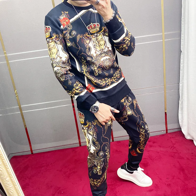 Mens Tracksuit Luxury European Flowers Printing Leisure Long Sleeve T ...