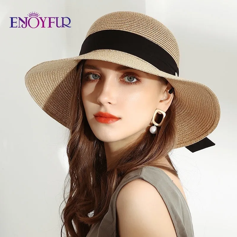ENJOYFUR Summer sun straw hats for Women Wide Brim Ribbon Bow Beach hat female fashion UV UPF Sun Protection hats for travel Y200602