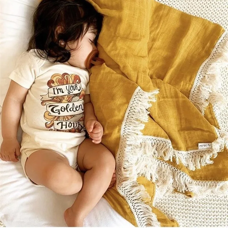 120x100cm Baby Blanket Fringe Swaddle Coberturas Bebê Recém-nascido Pompom Criança Infantil Bebezinho / Menina Cobertor Muslin Swaddle Bath 201209