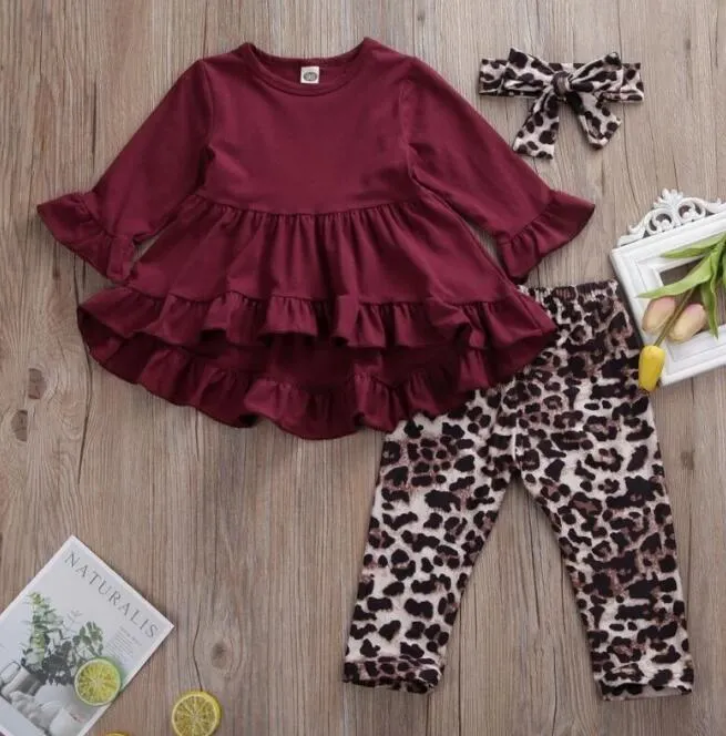 Toddler barn baby set flicka leopard outfit kläder långärmad ruffles t-shirt topp klänning + byxor set