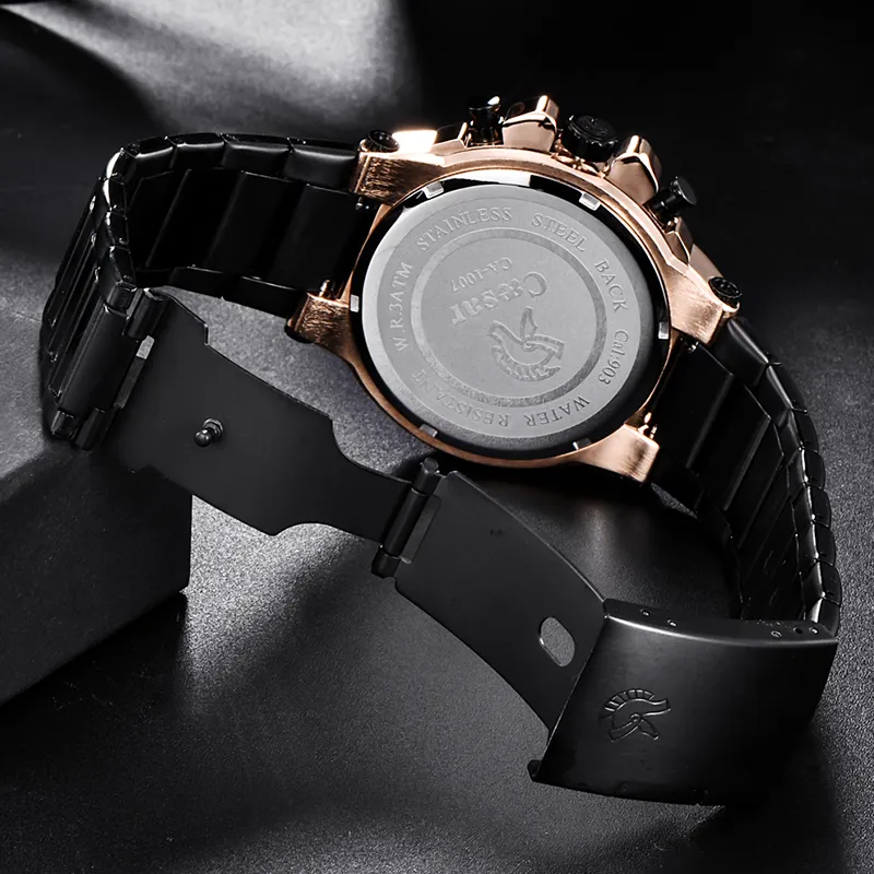 Reloj deportivo para hombre, temporizador a prueba de agua, cuarzo militar, oro rosa, 2019