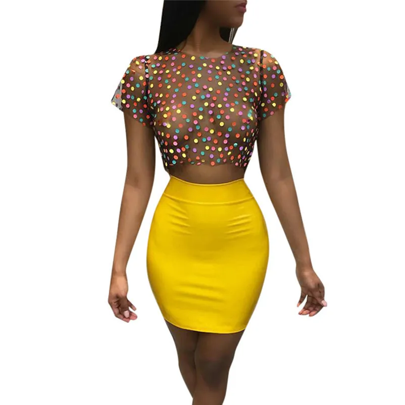 Kvinnor Sexiga 2 stycken Dot Print Mesh Short T-Shirt Indie Fork Crop Top With Slim Mini Bandage Skirt Sets Casual Streetwear 3d07 T200702
