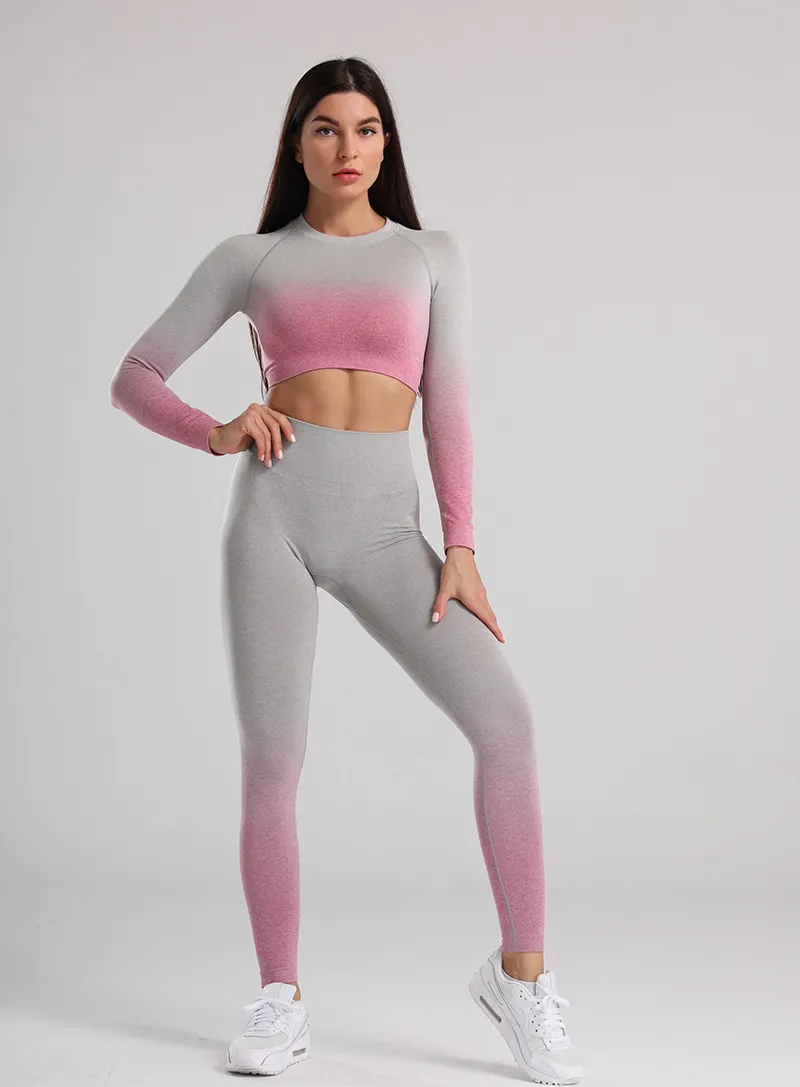 Ombre Seamless Yoga Outfit Sets Set For Women Long Sleeve Crop Top And  Running Leggings For Gym And Fitness From Debf, $35.34
