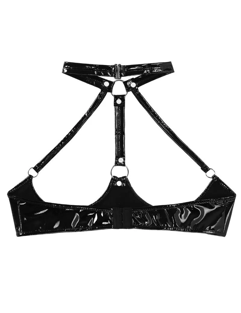 Sexy Open Cup Patent Leather Bondage Bra Top With Halter Neck And
