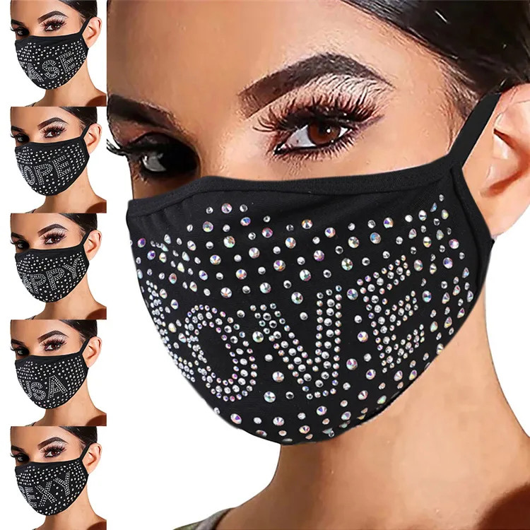 ファッションレター用防塵マスクブリンダイヤモンド保護PM2.5口洗える再利用可能な女性カラフルなラインストーン光沢のある顔クラシックブラックコットン3Dフィルターマスク