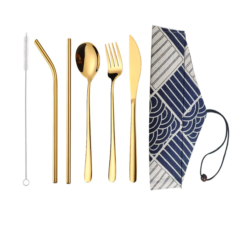 Portable Stainless Steel Tableware Set Student Outdoor Metal Straw Cutlery Of Western Dinnerware With Storage Bag
