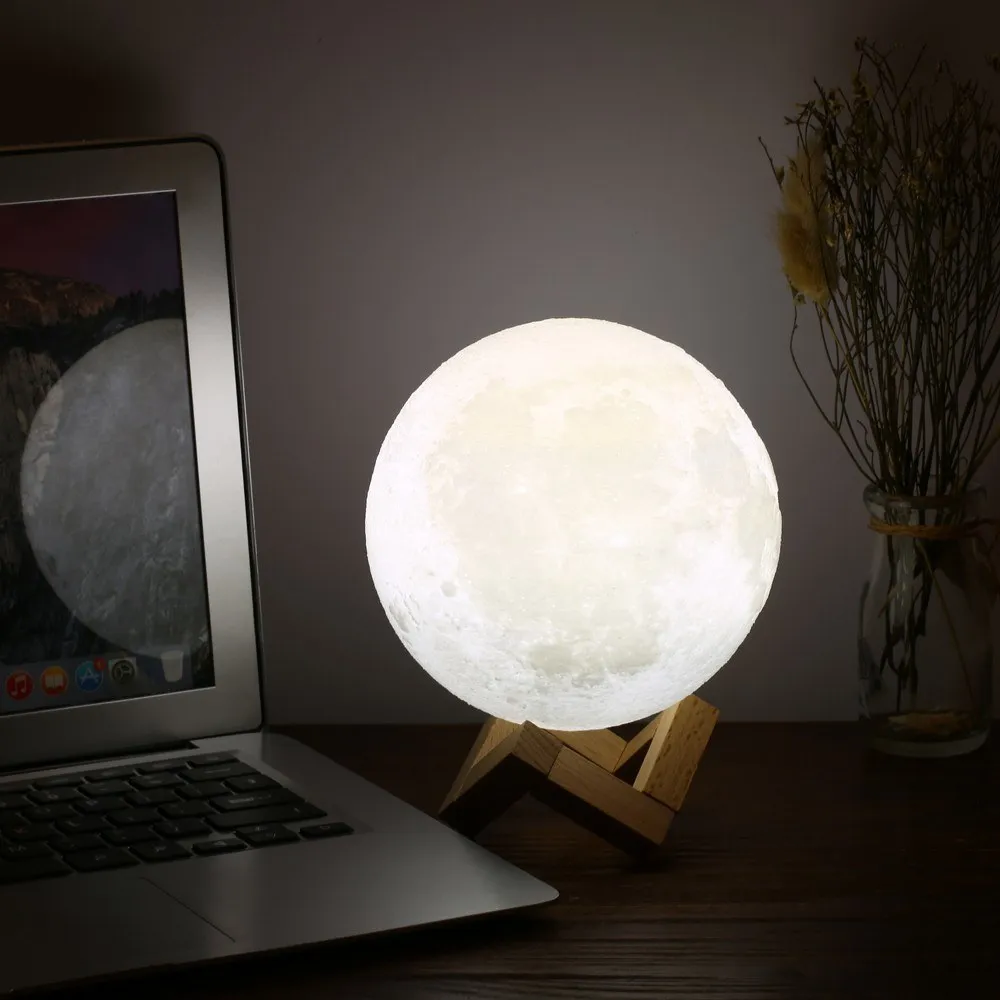 14 cm de diamètre PLA USB rechargeable impression 3D lumière de lune 3 couleurs réglable capteur tactile contrôle Luna lampe de nuit décor de chambre avec S en bois
