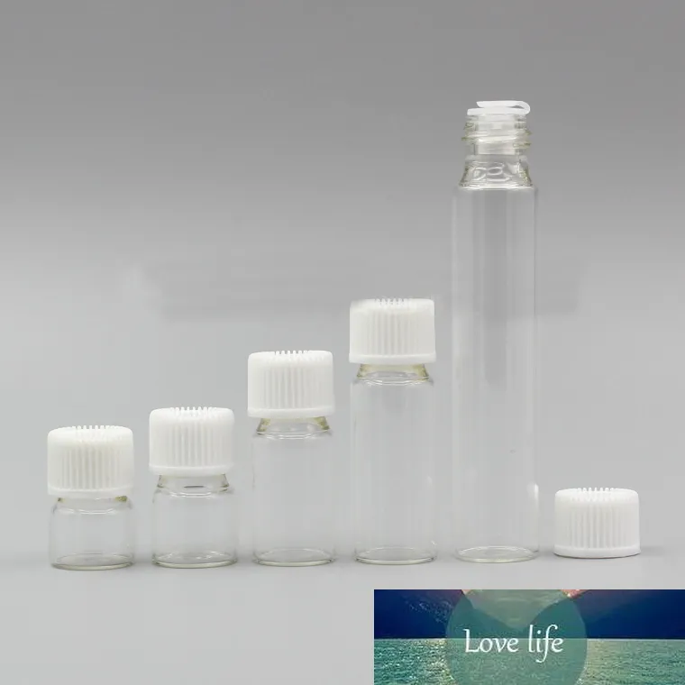 Bouteilles d'huile essentielle de parfum, tube en verre transparent, bouchon blanc avec bouchon pour cosmétique, 1ml/2/3/5/10ml, 100 pièces/lot