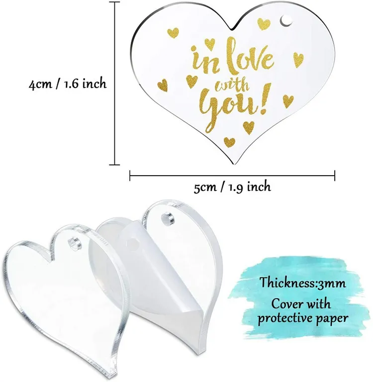 Акриловая брелка пустого сердца в форме монограммы прозрачные диски с металлическими сплит -ключами цепочки сети DIY Valentine039S День G7625306
