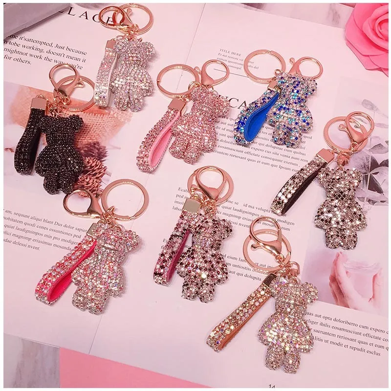 Cute Bear PVC Keychains For Women DIY Rhinestone Crystal Key Ring