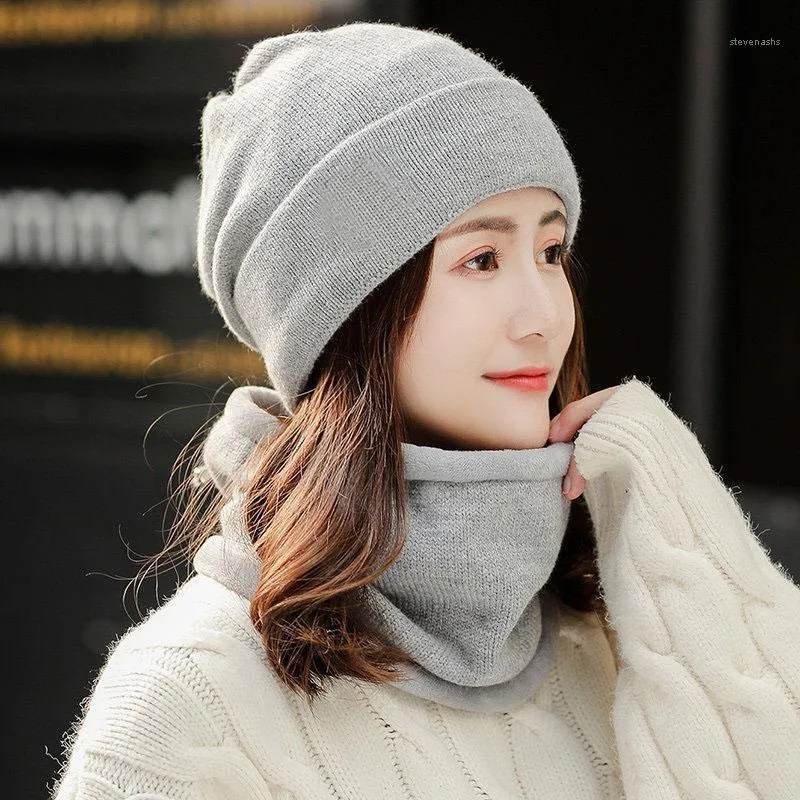 ビーニー/スカルキャップ冬の女性の帽子スカーフセットソリッドカラーニットビーニー柔らかい豪華な暖かい帽子cap1