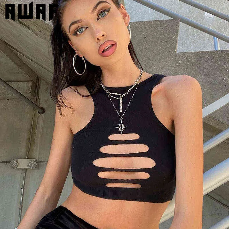 AWAF Sexy Hollow Out Slim Camiseta corta para mujer moda sin mangas cuello Halter Yoga deportes chaleco básico Casual tanques Tops Y220308