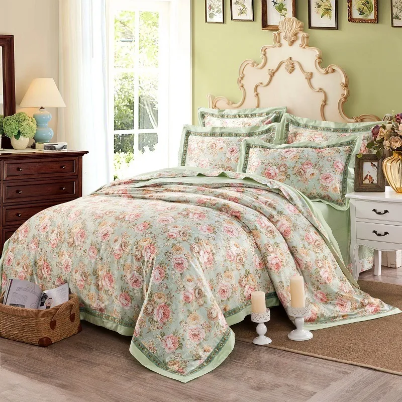 Bomull Jacquard Blommigryck sängkläder Ställ 4st 4pcs Double King Queen Size Bedsheet Set Duvet Cover Home Dekorativa Pillowcases T200706