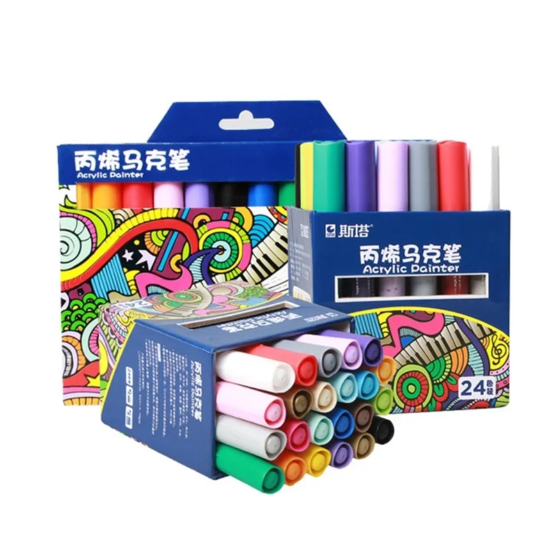 STA 24Color Set Permanent Colored Paint Maker Set Metal Fabric Plastic Water-based Acrylic Painter Pens DIY Highlighter Marker Y200709