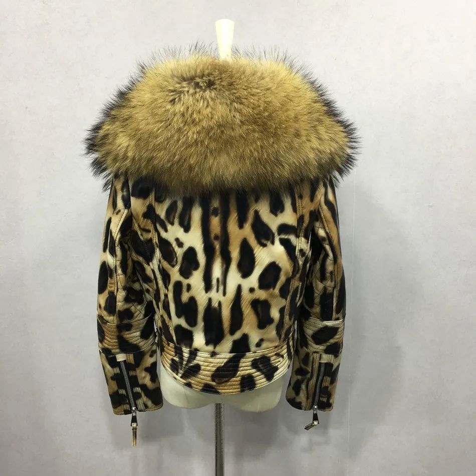 genuine leather jacket short with big raccoon fur collar (9)