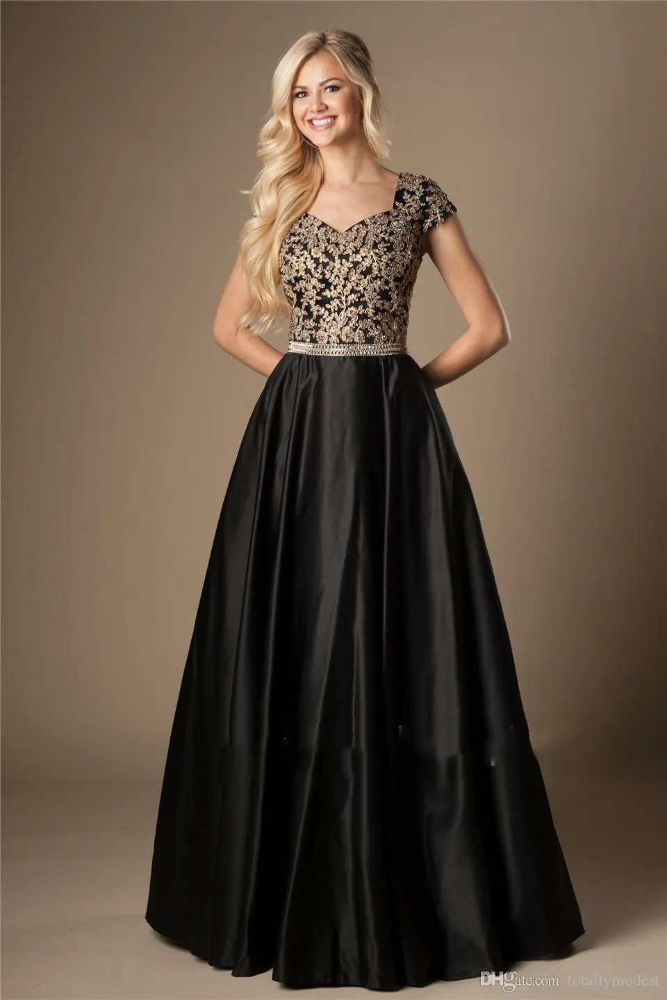 Custom Made Black Gold Applique A Line Prom Dress With Pockets With Cap ...