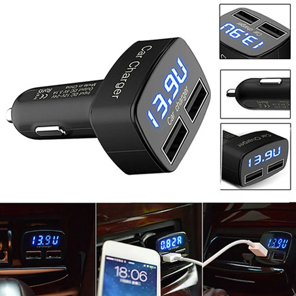 4-в-1 Двойное USB Автомобильное зарядное устройство Цифровой светодиодный дисплей DC 5V 3.1A Универсальный адаптер с напряжением температуры тока измерителя тестера