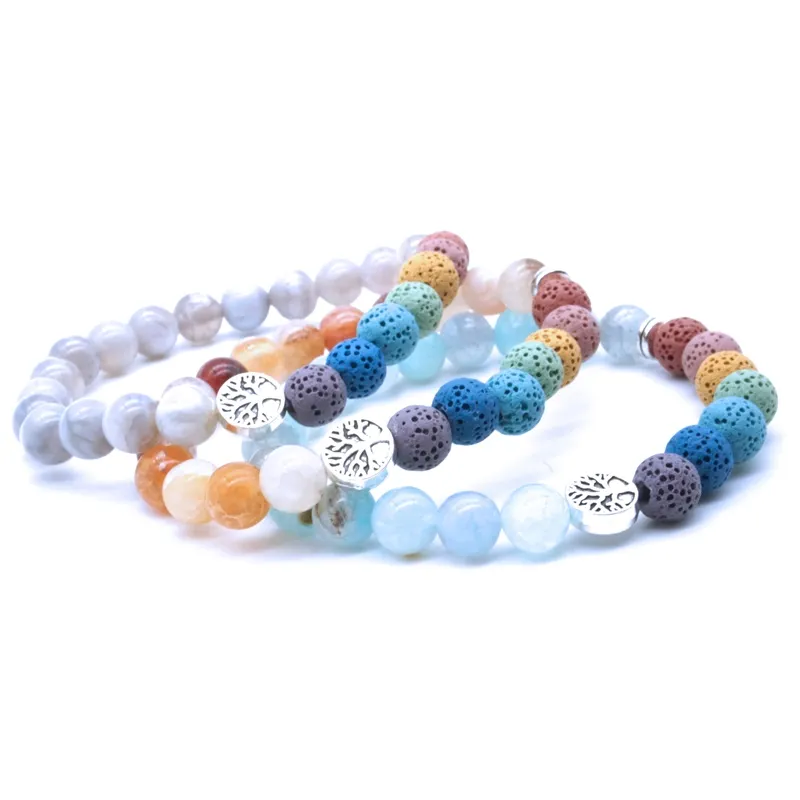 Livets träd 8mm Seven Chakras Armband Lava Sten Beaded Strand DIY Essential Oil Diffuser Armband Yoga Män Kvinnor Smycken