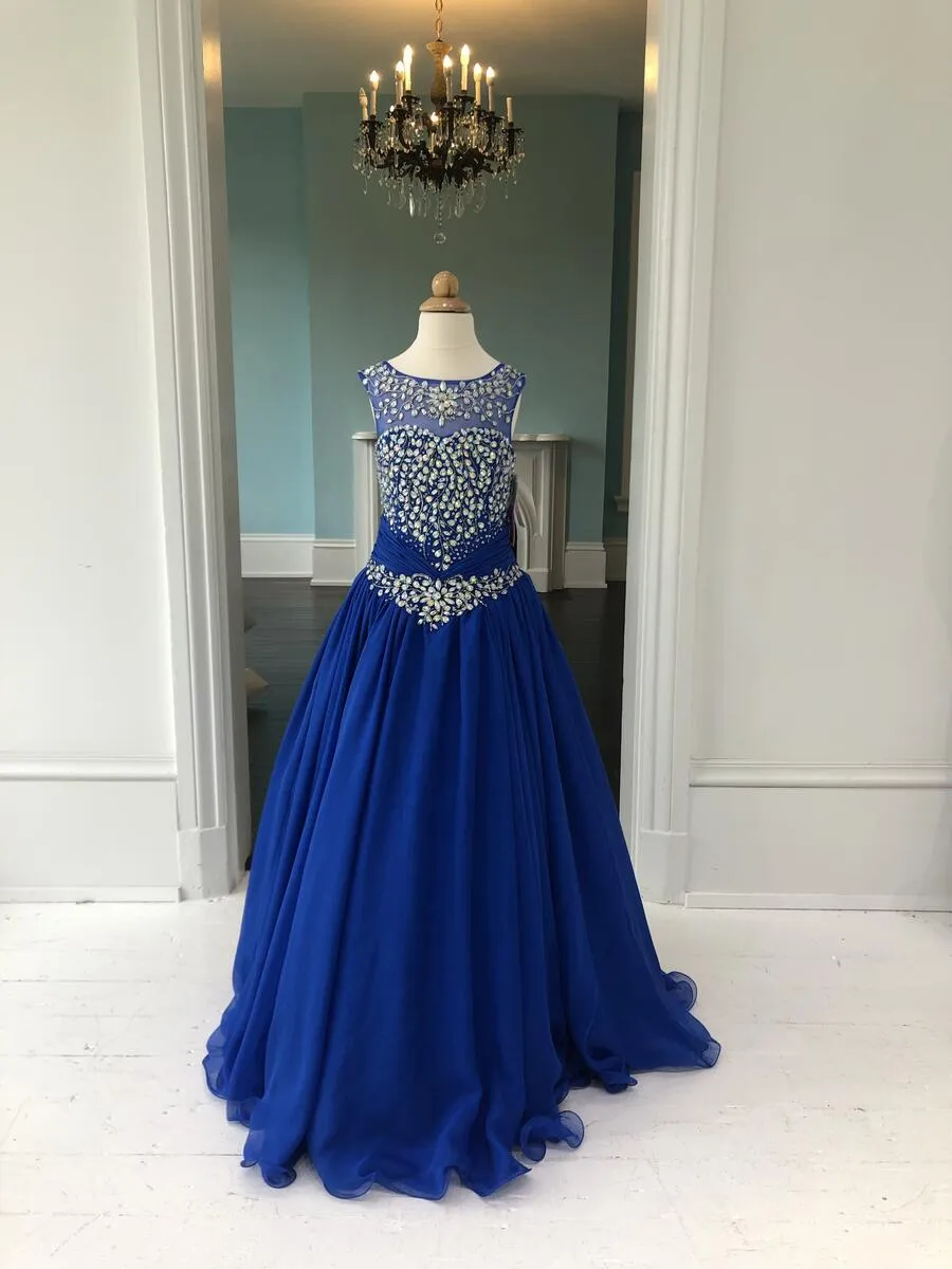 Royal Blue Lace-Up Pageant Dress for Little Girls with Jewel Neckline, Real-Picture Beading, Chiffon Fabric, Crystal AB Stones - 2021 Blue princess