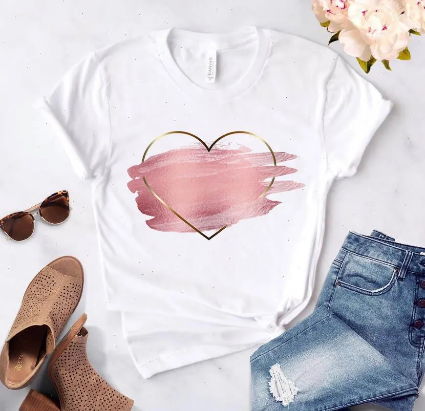 Hjärta blomma utskrift kvinna t-shirt damer avslappnad basis o-krage vit skjorta kort ärm kärlek grafisk utskrift