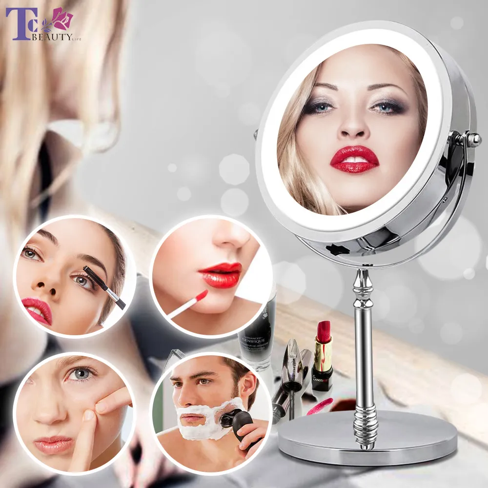 10x espelho de maquiagem de ampliação com espelhos cosméticos levados de luz redondo espelho de vaidade de desktop de forma dupla face backlit espelhos T200114