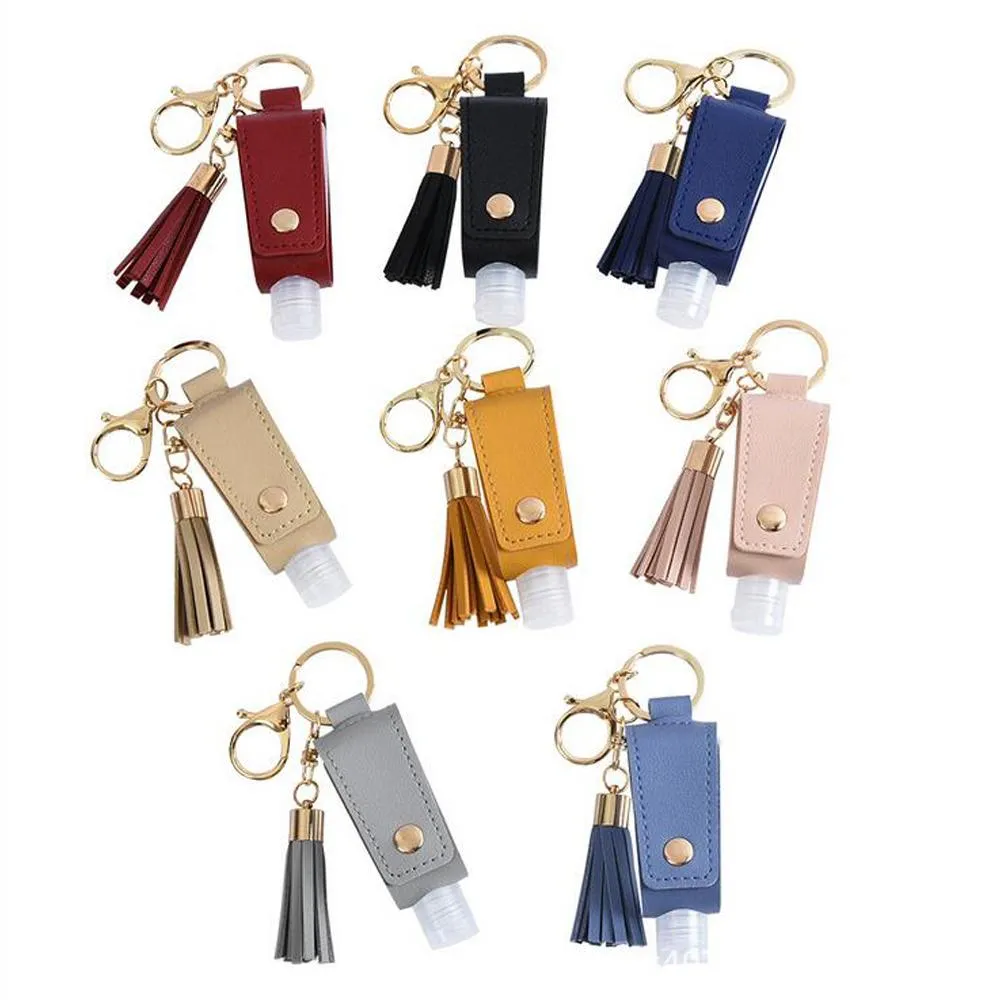 2020 Sanitizer Bottle Cover PU Läder Tasselhållare Keychain Protabble KeyRing Cover Storage Bags Home Storage Organization