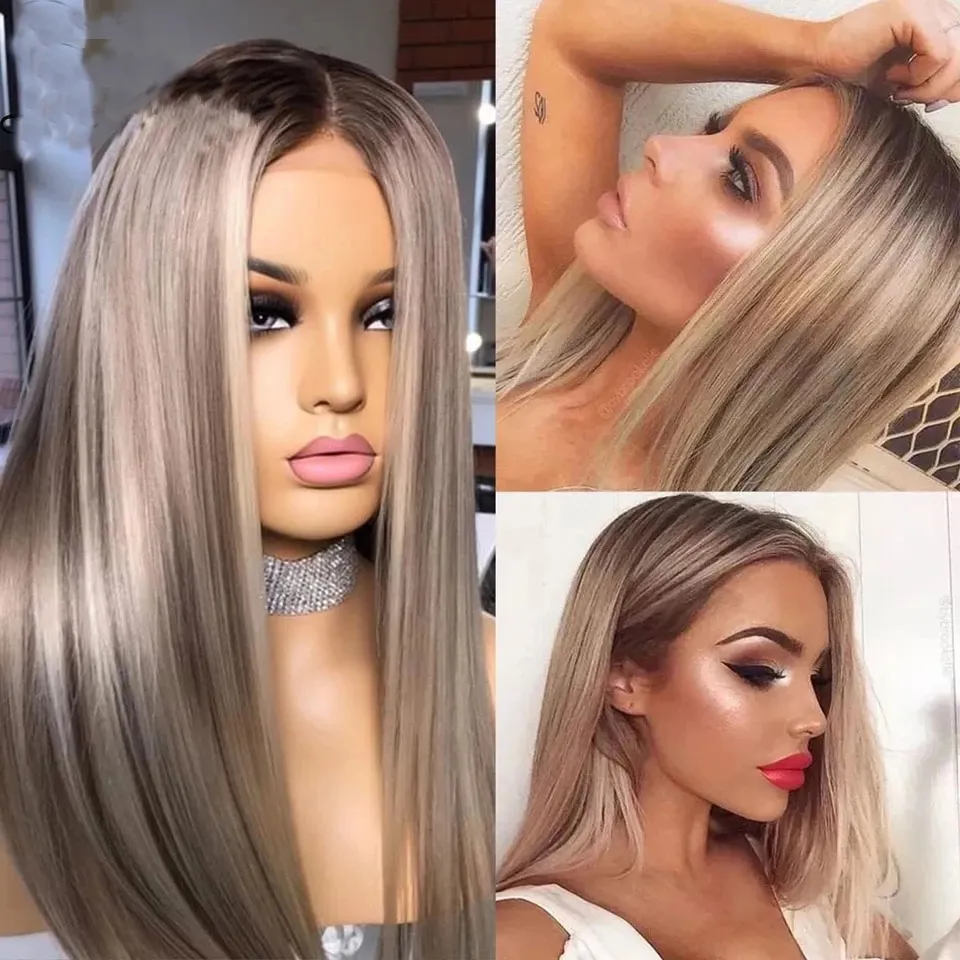 Peruansk peruk Höjdpunkter Ash Platinum Blonde Straight 13x6 Transparent spets främre mänskliga hår peruker Förpluckade hårfäste blekt knutar