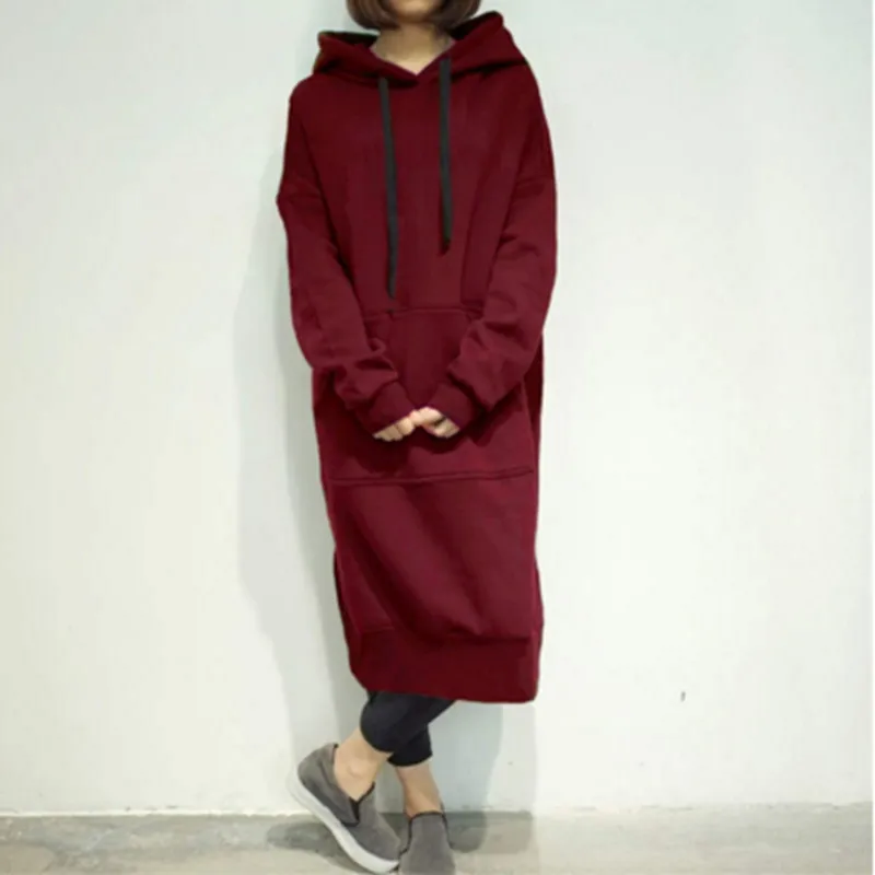 Women's Fleece Hooded Sweatshirt Dress - Casual Long Pullover for Spring and Autumn, Plus Size Available in 6 Colors - Solid Color Oversized Long