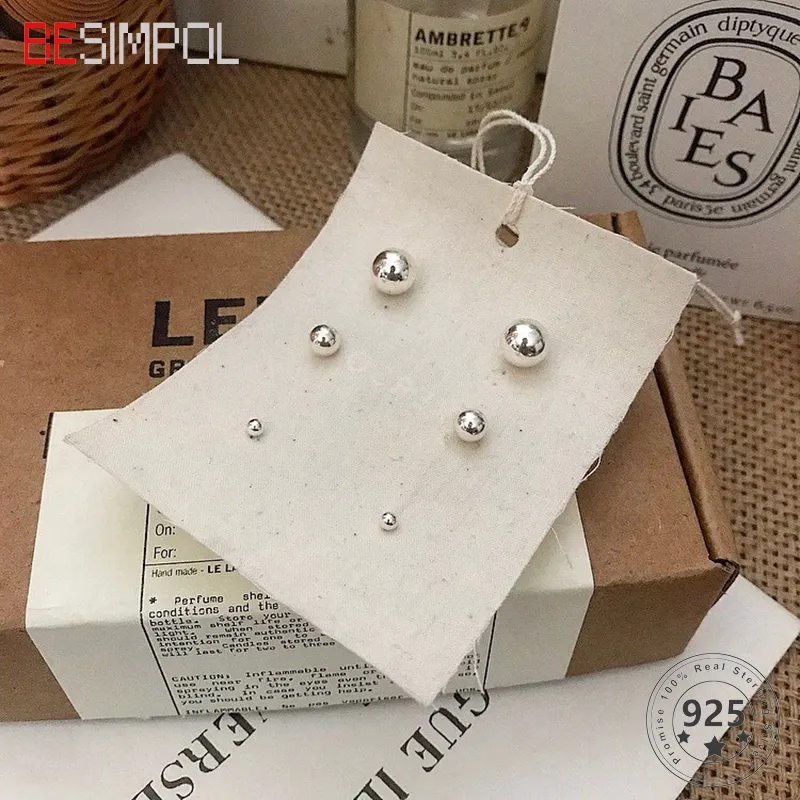 925 Sterling Silver Ball Stud Boucles d'oreilles 3-8mm Zircon Round BeadsFor Femmes Anti Allergy Fine Jewelry