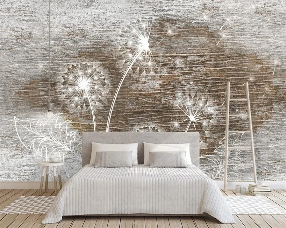 Romantic Floral 3d Wallpaper Nordic Wood Texture Dandelion Background Wall Modern Decorative Painting Classic 3d Wallpaper