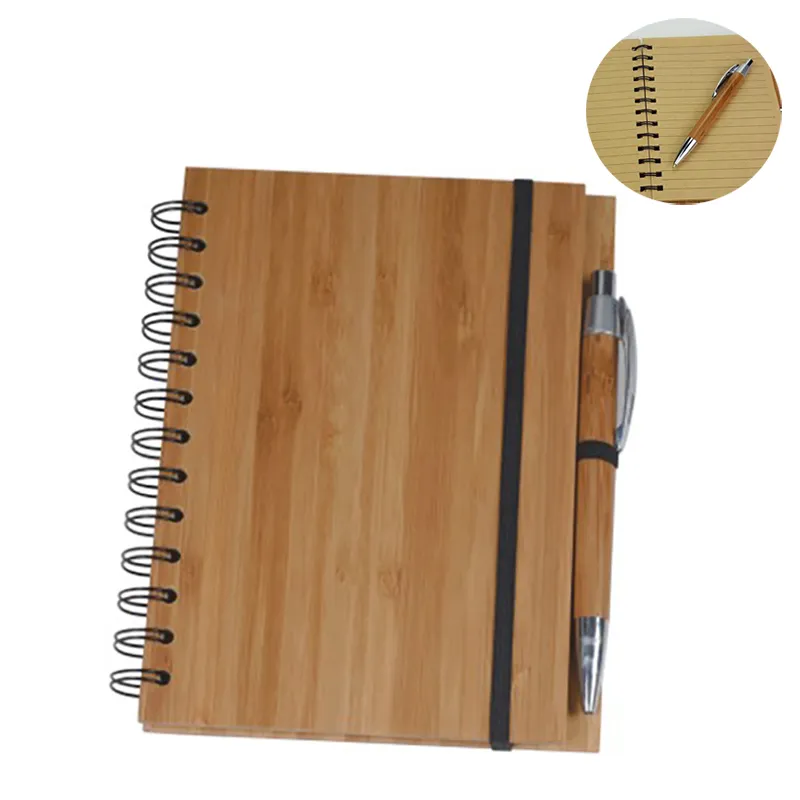 DIY WOOD BAMBOO COVER Notebook Spiral Anteckningsblock med penna 70 ark Återvunnet fodrad papper 18x13.5 cm