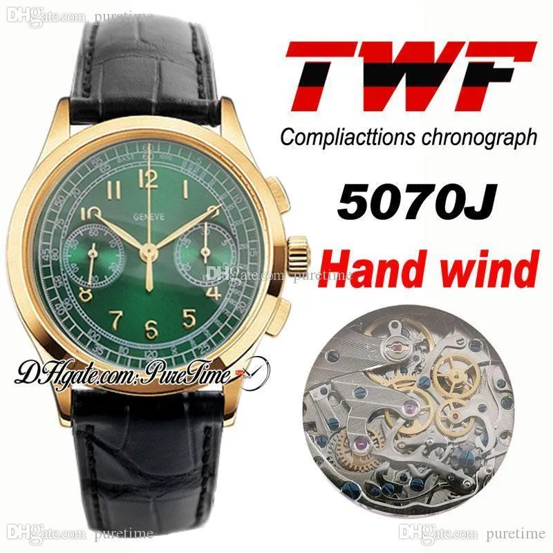 TWF Platinum Compliactions Chronograph 5070J Handlindning Automatisk Mens Klocka 18K Gul Guld Grön Ring Svart Läder PTPP Puretime P5C3