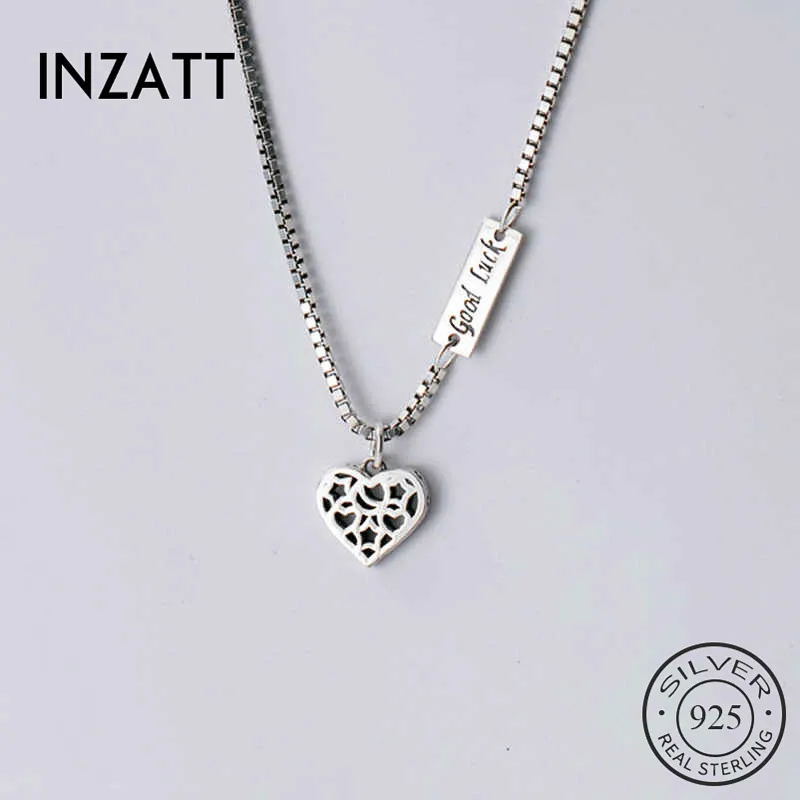 Inzatt Real 925 Sterling Silver Hollow Heart Pendant Choker Halsband för Mode Kvinnor Fina Smycken Hiphop Tillbehör Q0531