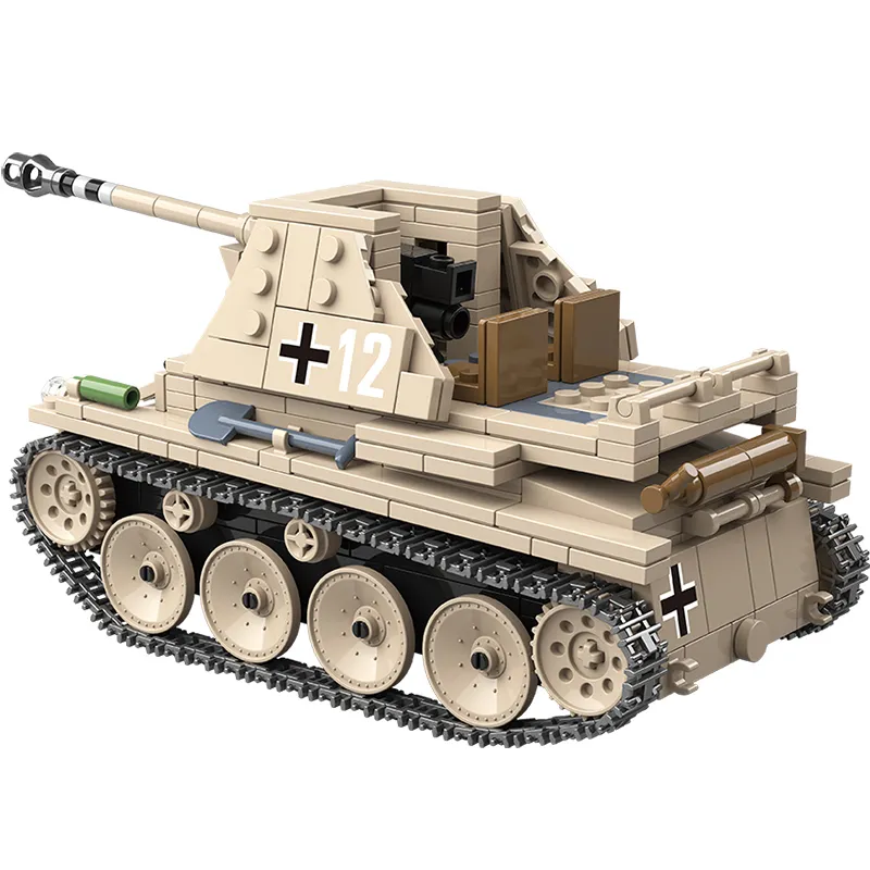 WW2 Militaire 608pcs Allemand Weasel Tank Modèle Building Block Auto-anti-char Arme Armée Soldat Briques Ensembles Enfants Jouets Cadeaux X0503