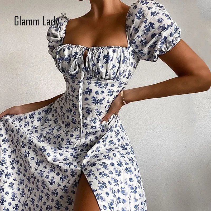 Glamm Lady Floral Print Casual Midi Sexy Party Dresses For Womens Strapless Autumn Summer Dress Club Bodycon Dress Puff Vestidos Y0118