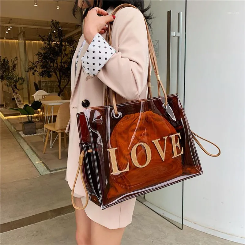 2019 Handtassen Vrouwen Tassen Tote Grote Capaciteit Bruine Schoudertassen Wilde PVC Clear Transparante Tas Bolsas # H251