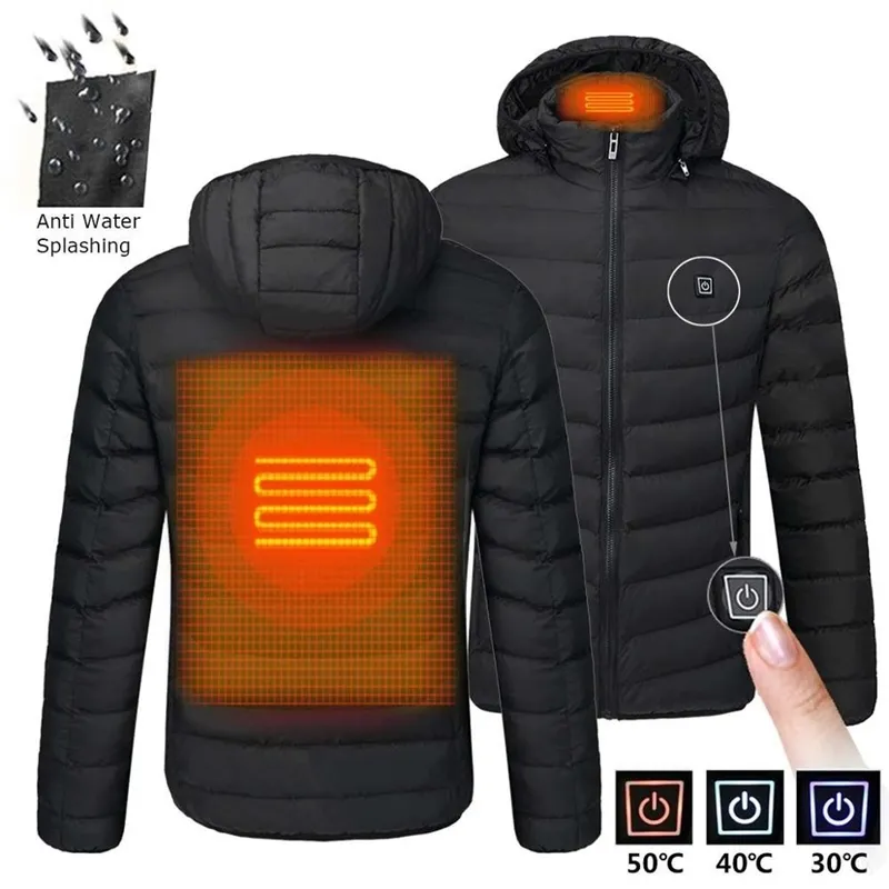 Män uppvärmda jackor utomhusrock USB elektrisk batteri långärmad värme huva jackor varma vinter termiska kläder 201026