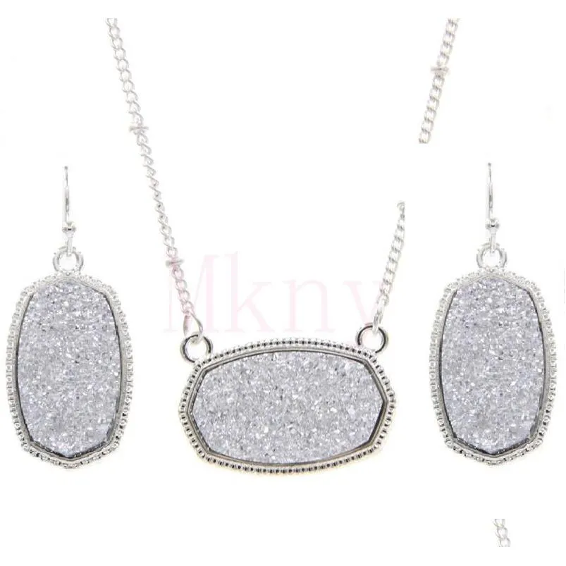 oval style resin drusy druzy silver necklace earings luxury designer jewelry set for women wedding party gift christmas