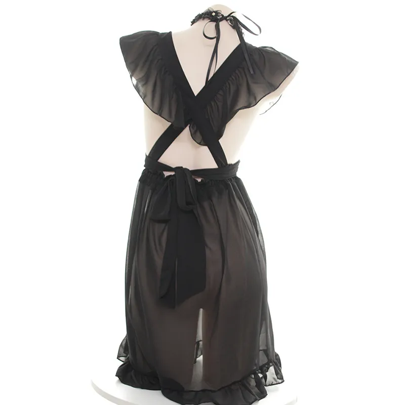 Preto branco sexy avental de empregada francesa para mulher menina traje cosplay servo lolita vestido quarto avental doméstico renda translúcido f13464