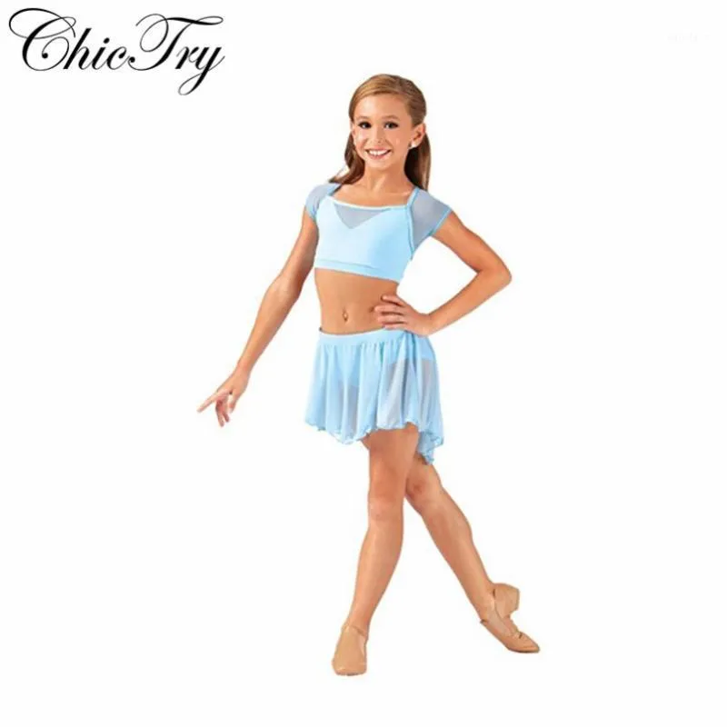 Kid Teens Gymnastics Crop Top Mesh Skirt Set Girls Shorts Suits Lyrical Contemporary Ballet Dance Costumes Stage Performance Set1
