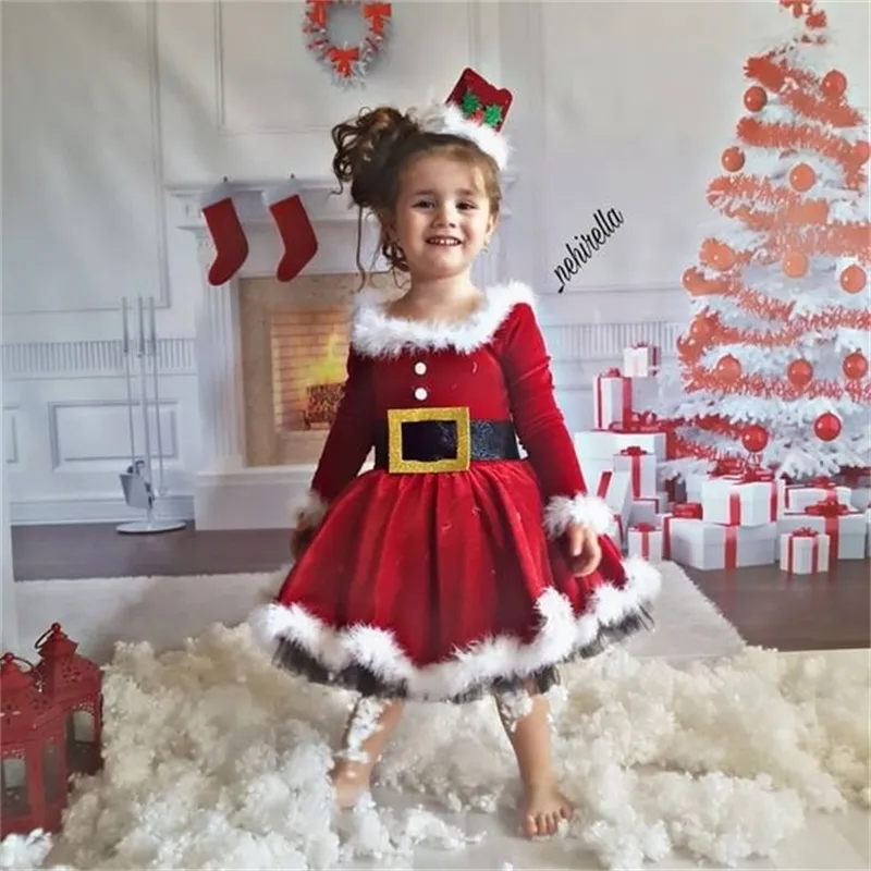 Jul Kids Baby Girls Fleece Dress O-Neck Long-Sleeve High-Waist Kjol med Back Zipper Party Pageant Santa Dresses - LJ200921