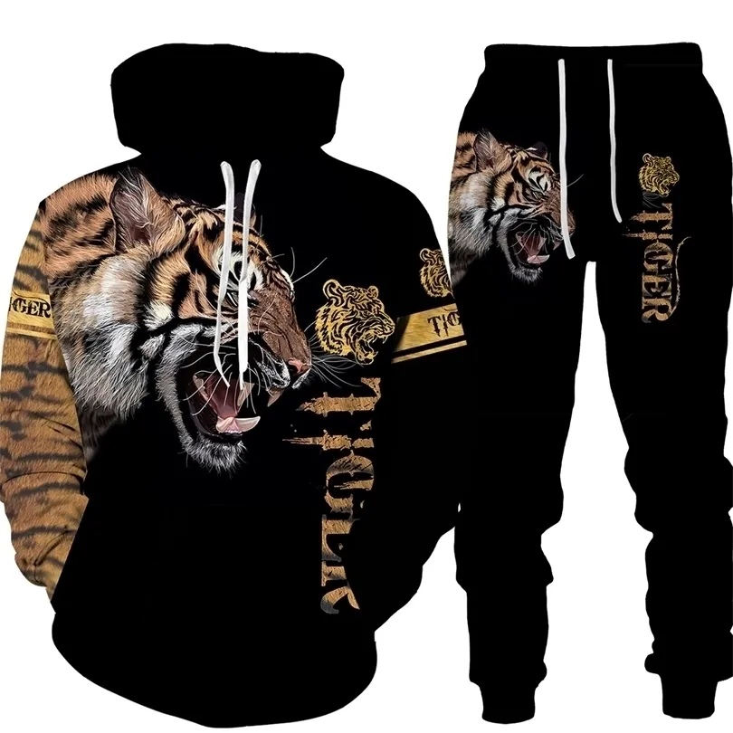 Men Tracksuit Cool Tiger 3D Printed Sweatpants and Hoodie Set Sportswear Man Outfits Plus Size Clothing Suit Streetwear 211220